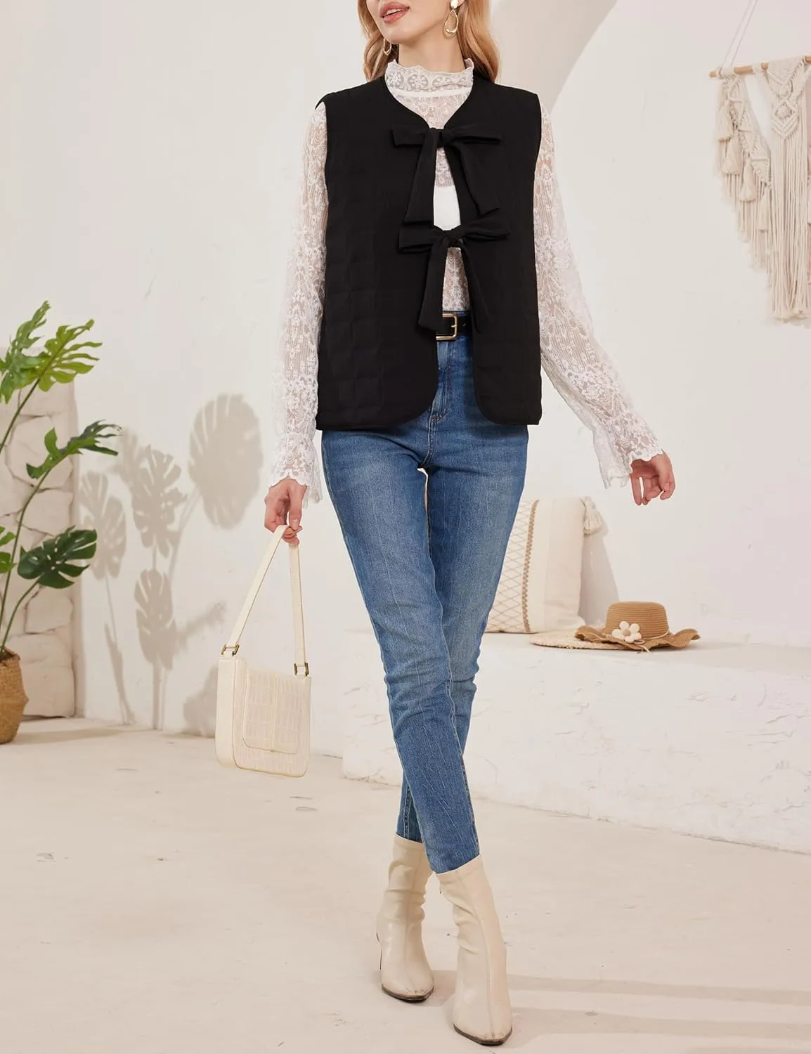 Women Leopard Puffer Vest Floral Print Quilted Jacket Tie Front Sleeveless Padded Gilet