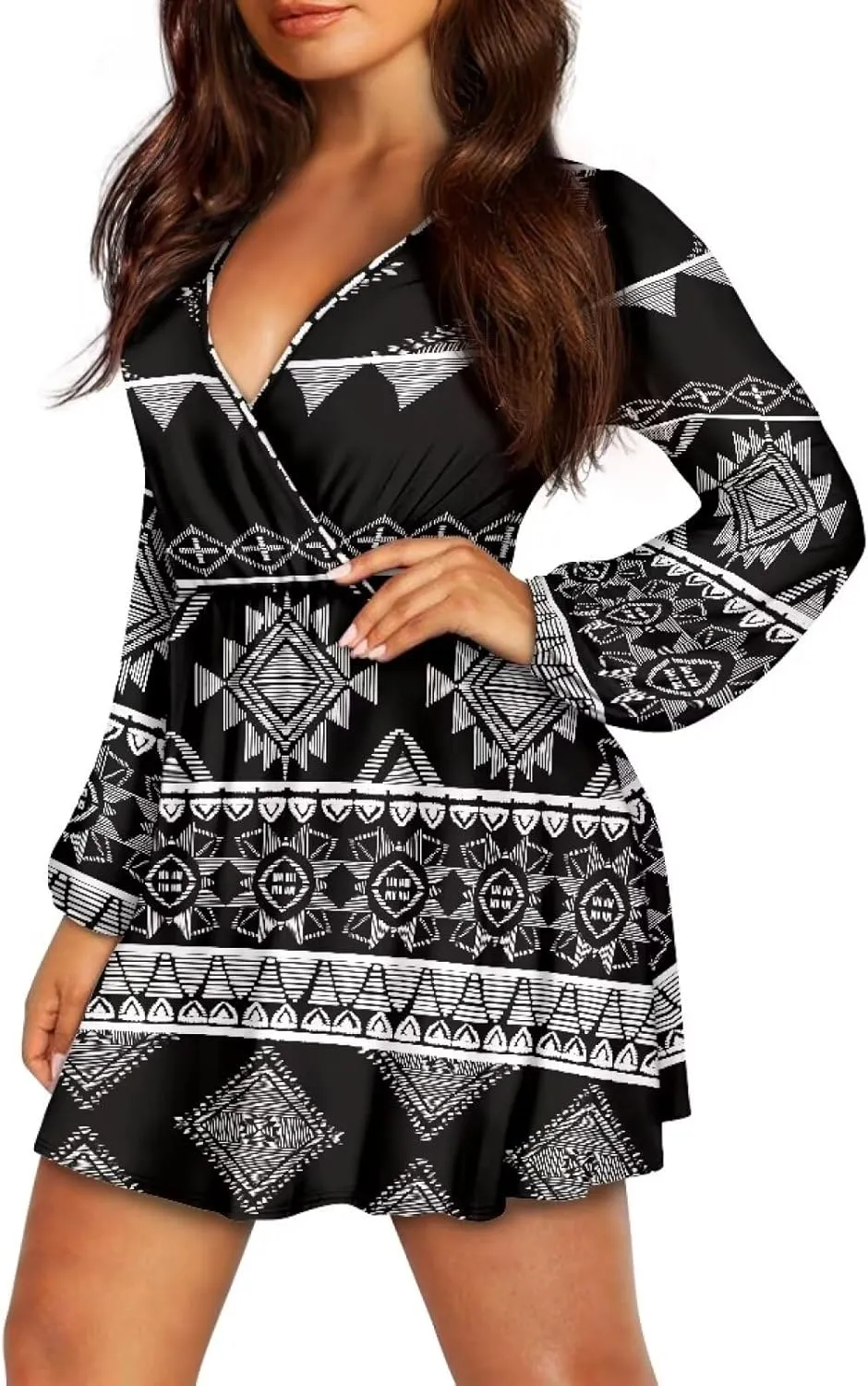 Women Long Sleeves Dress V Neck A-line Ruffle Elegant Mini Short Skirt Dresses