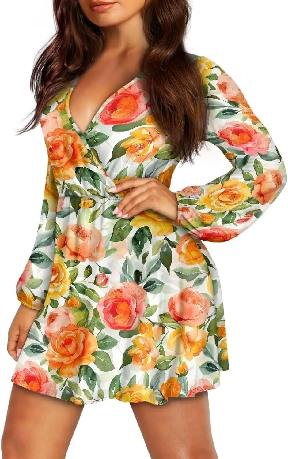 Women Long Sleeves Dress V Neck A-line Ruffle Elegant Mini Short Skirt Dresses