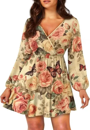 Women Long Sleeves Dress V Neck A-line Ruffle Elegant Mini Short Skirt Dresses
