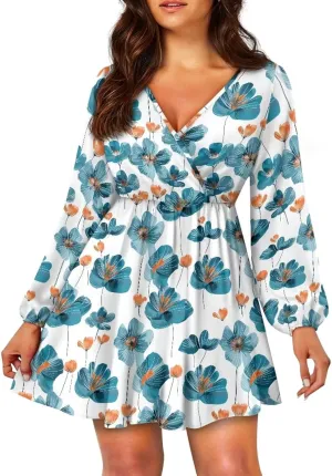 Women Long Sleeves Dress V Neck A-line Ruffle Elegant Mini Short Skirt Dresses