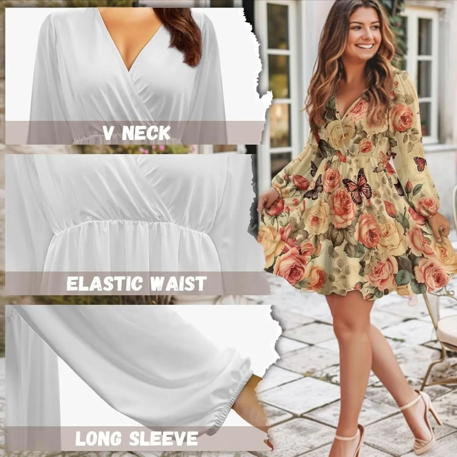 Women Long Sleeves Dress V Neck A-line Ruffle Elegant Mini Short Skirt Dresses