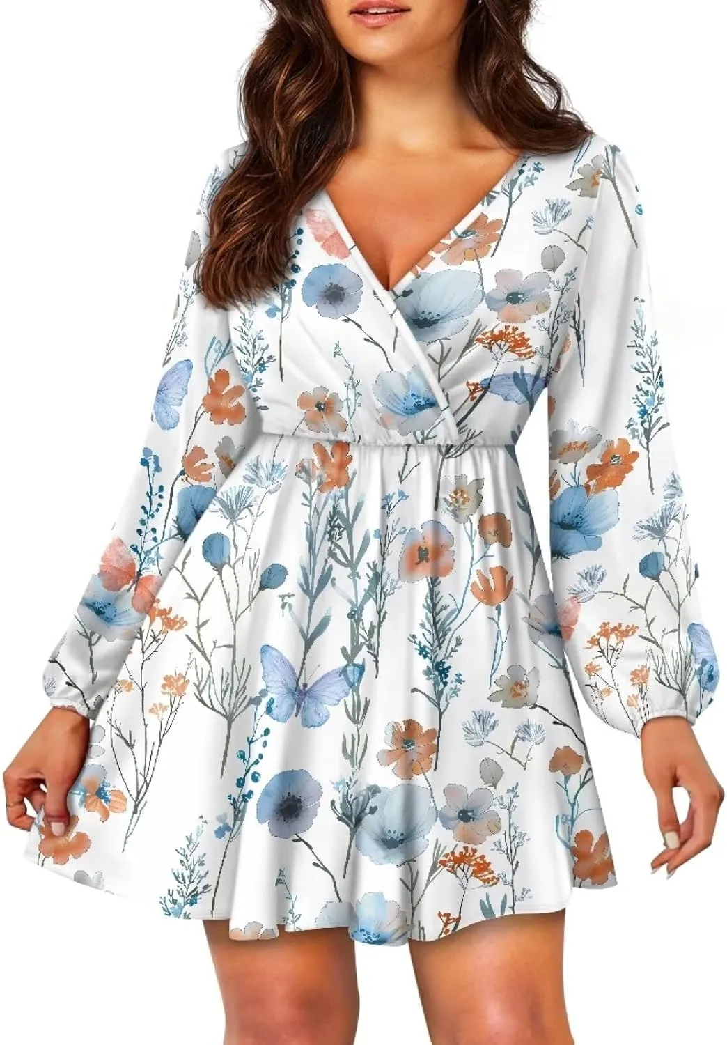 Women Long Sleeves Dress V Neck A-line Ruffle Elegant Mini Short Skirt Dresses