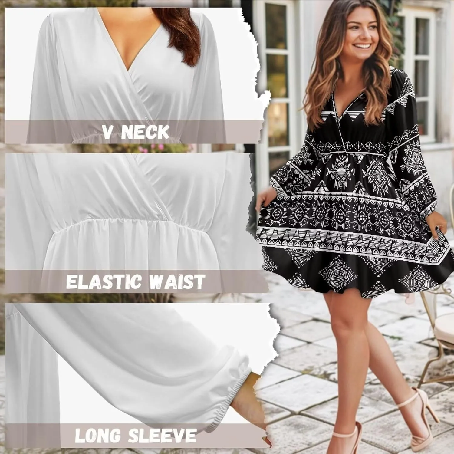 Women Long Sleeves Dress V Neck A-line Ruffle Elegant Mini Short Skirt Dresses