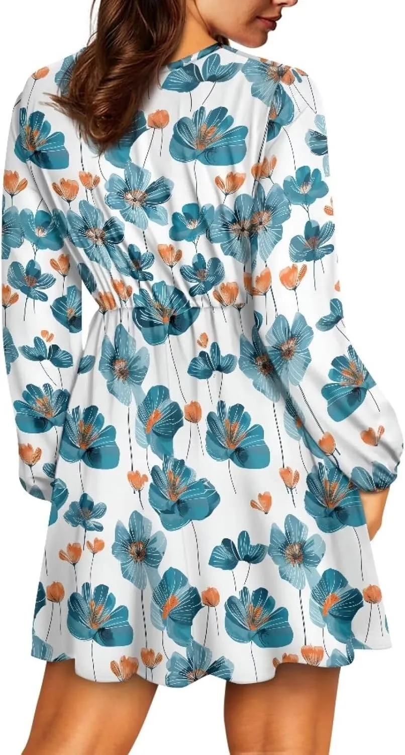 Women Long Sleeves Dress V Neck A-line Ruffle Elegant Mini Short Skirt Dresses