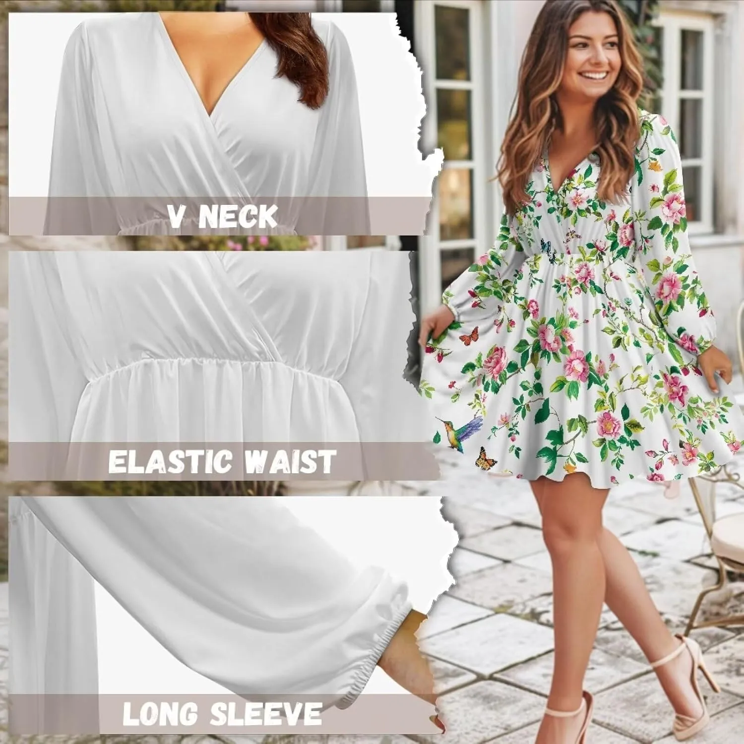 Women Long Sleeves Dress V Neck A-line Ruffle Elegant Mini Short Skirt Dresses