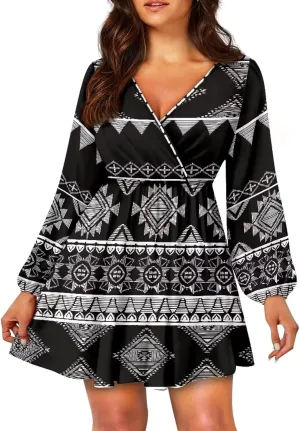 Women Long Sleeves Dress V Neck A-line Ruffle Elegant Mini Short Skirt Dresses