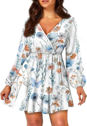 Women Long Sleeves Dress V Neck A-line Ruffle Elegant Mini Short Skirt Dresses