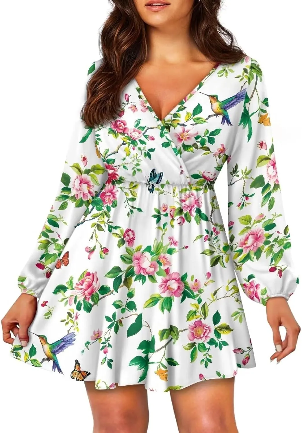 Women Long Sleeves Dress V Neck A-line Ruffle Elegant Mini Short Skirt Dresses