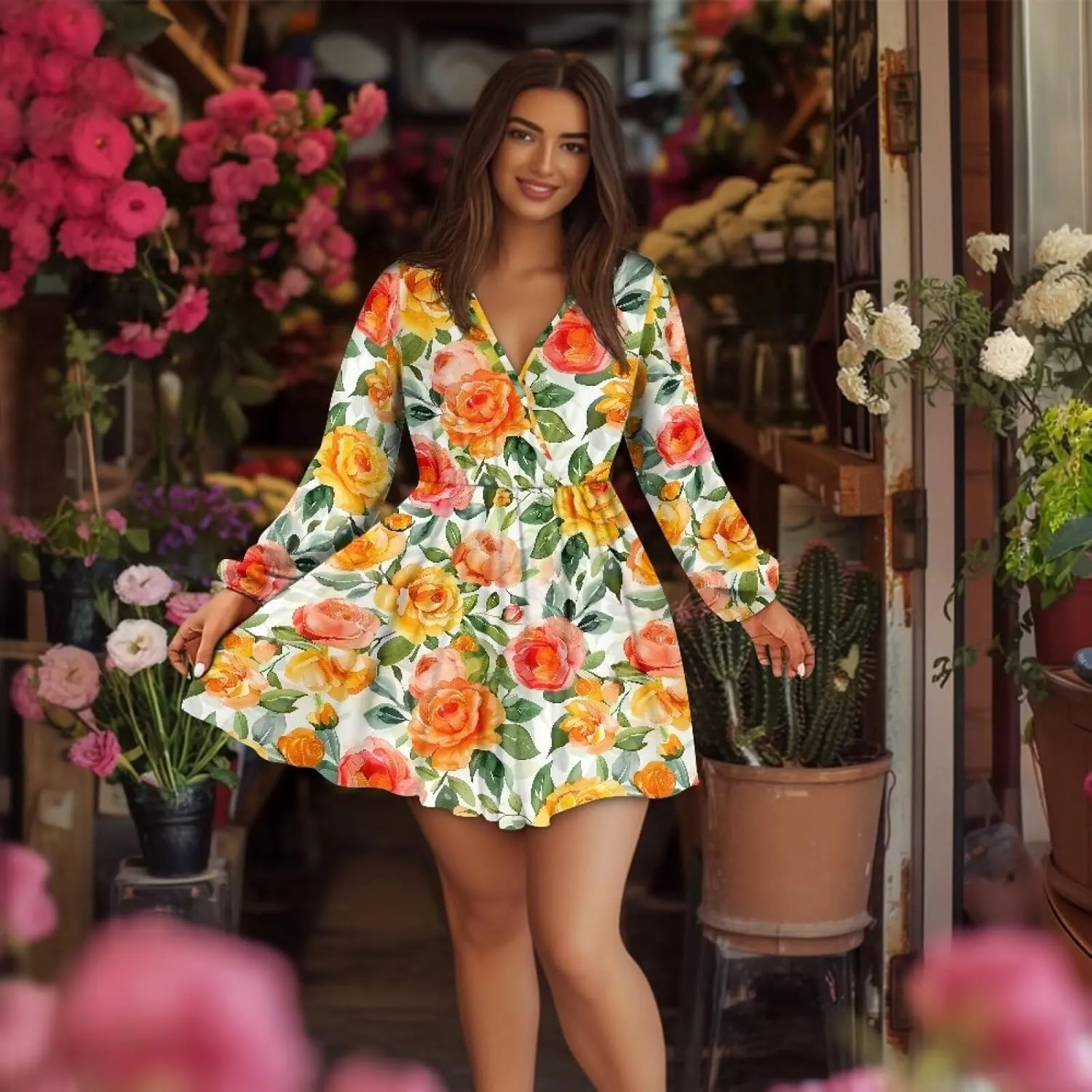 Women Long Sleeves Dress V Neck A-line Ruffle Elegant Mini Short Skirt Dresses
