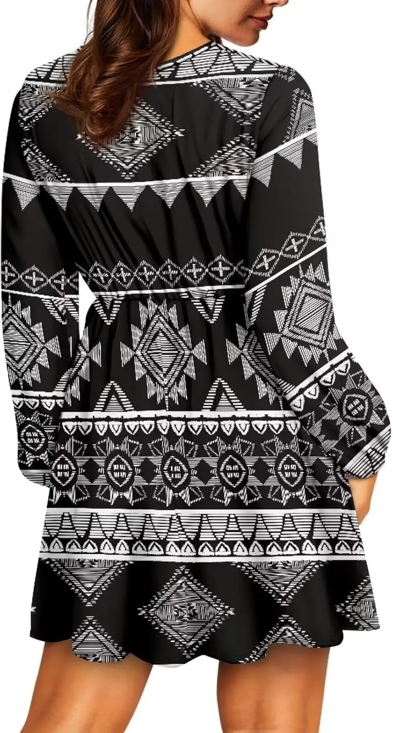 Women Long Sleeves Dress V Neck A-line Ruffle Elegant Mini Short Skirt Dresses