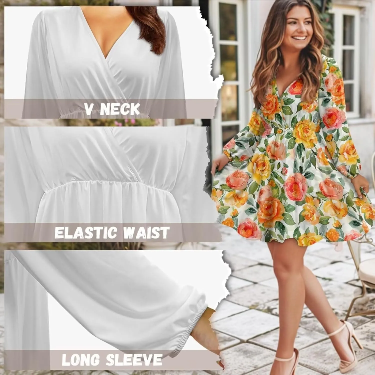 Women Long Sleeves Dress V Neck A-line Ruffle Elegant Mini Short Skirt Dresses