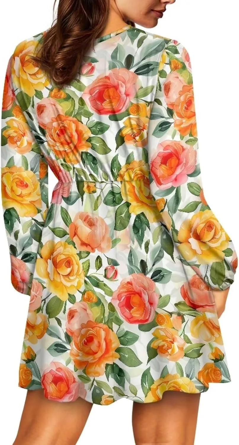 Women Long Sleeves Dress V Neck A-line Ruffle Elegant Mini Short Skirt Dresses