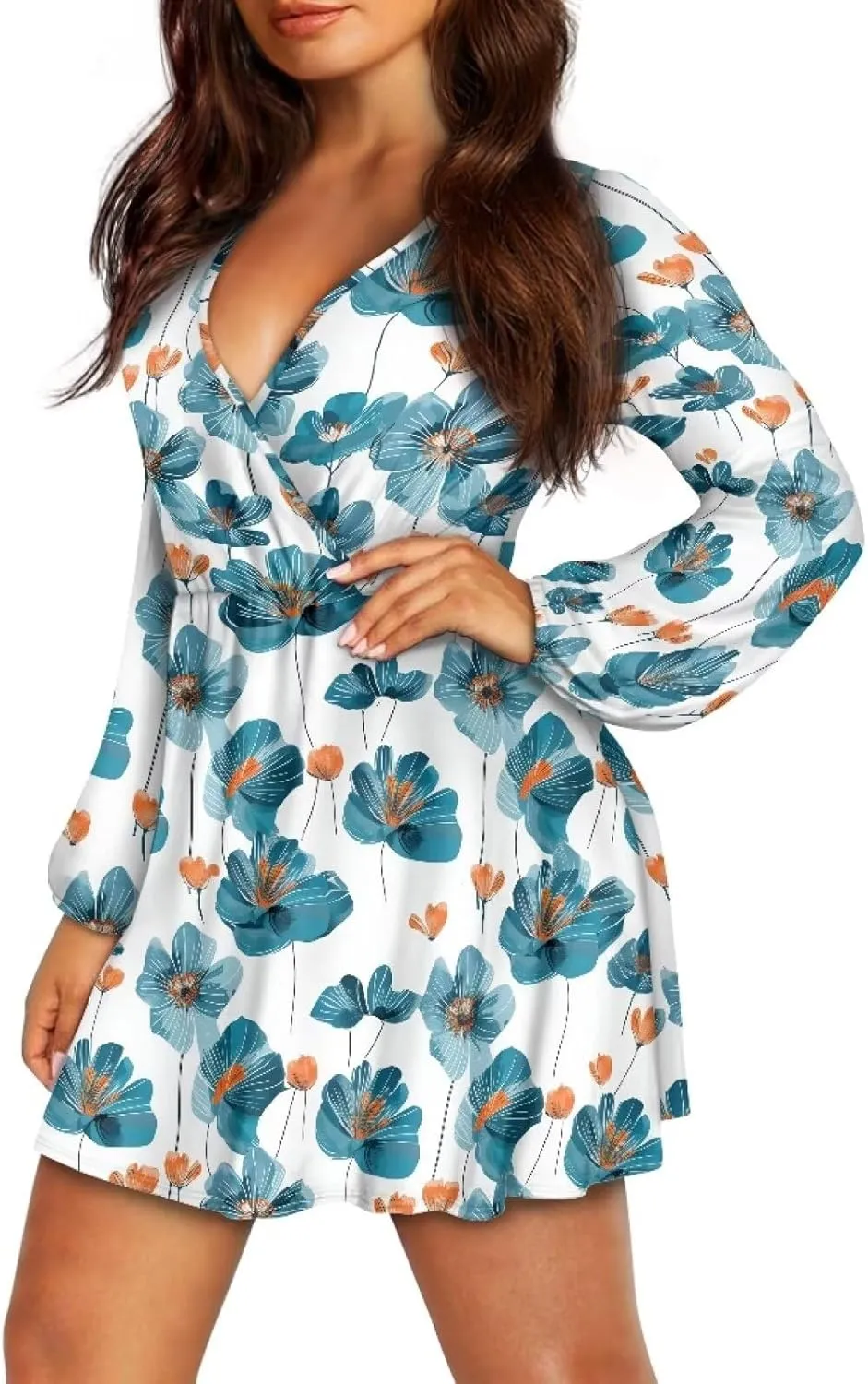Women Long Sleeves Dress V Neck A-line Ruffle Elegant Mini Short Skirt Dresses