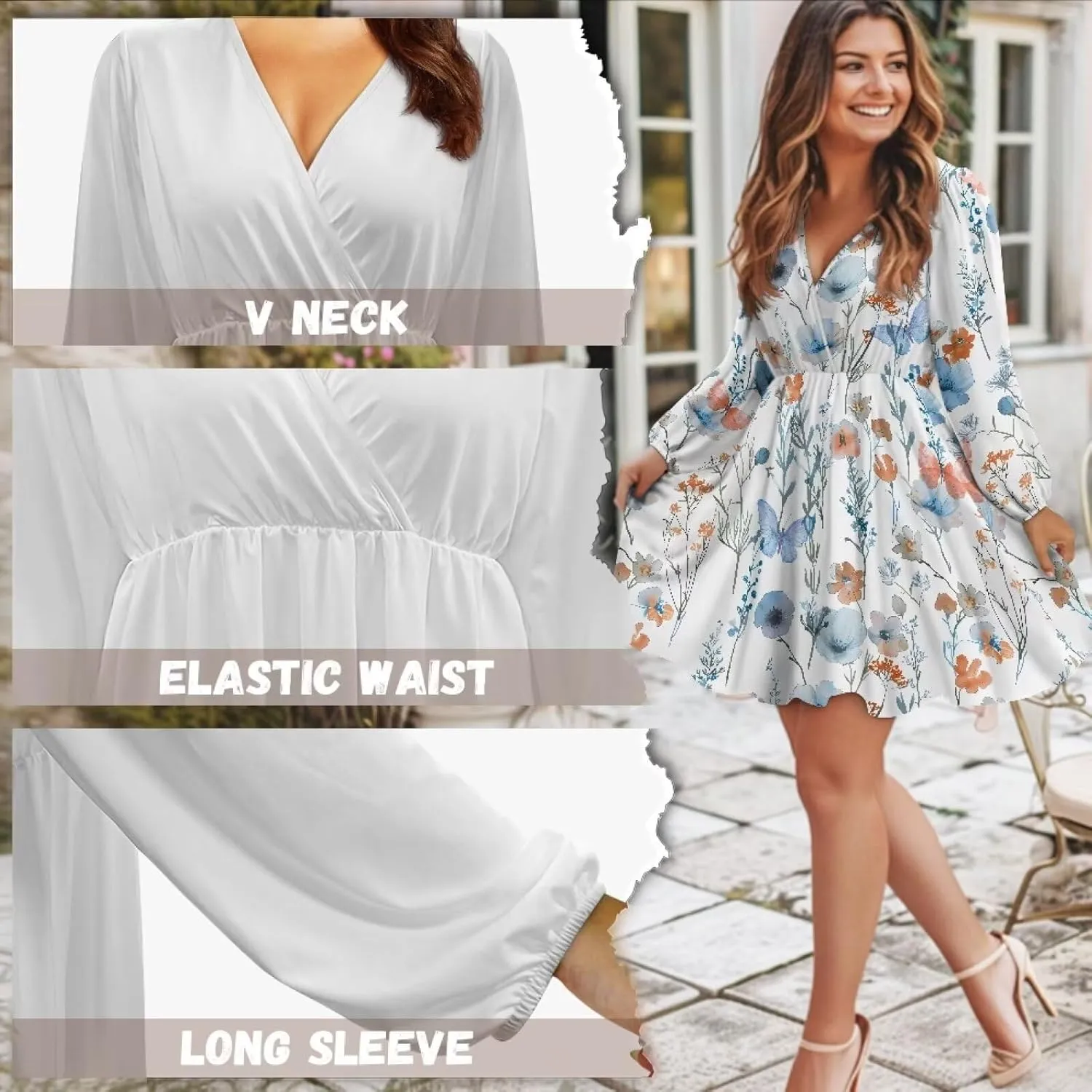 Women Long Sleeves Dress V Neck A-line Ruffle Elegant Mini Short Skirt Dresses