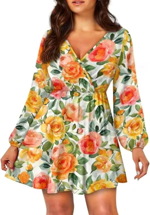 Women Long Sleeves Dress V Neck A-line Ruffle Elegant Mini Short Skirt Dresses
