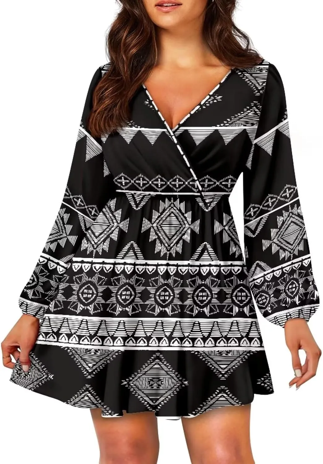 Women Long Sleeves Dress V Neck A-line Ruffle Elegant Mini Short Skirt Dresses