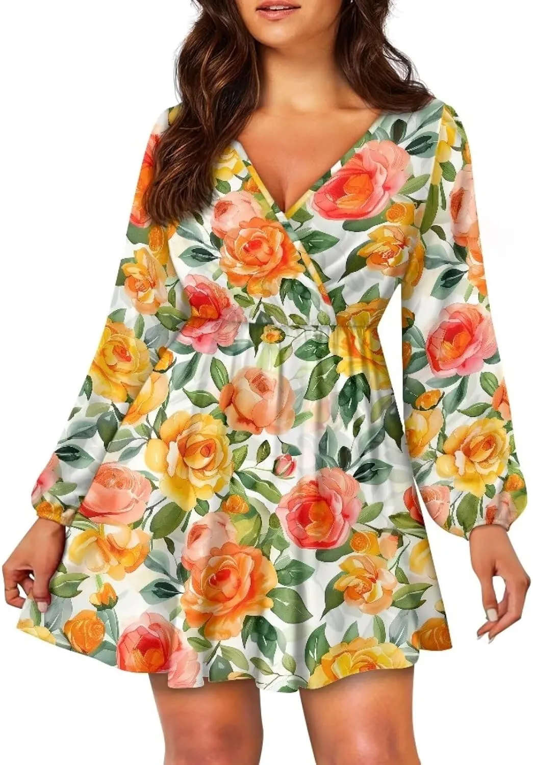 Women Long Sleeves Dress V Neck A-line Ruffle Elegant Mini Short Skirt Dresses