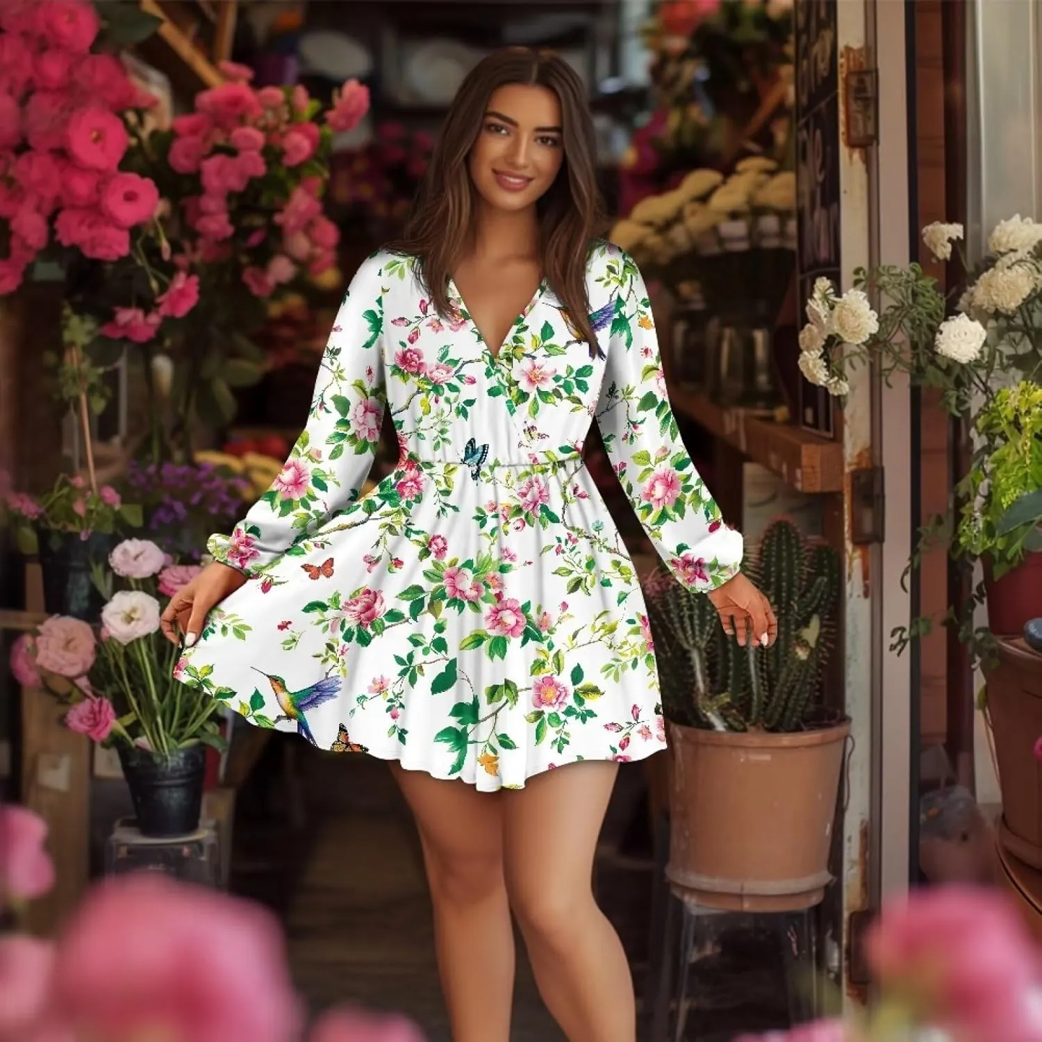 Women Long Sleeves Dress V Neck A-line Ruffle Elegant Mini Short Skirt Dresses