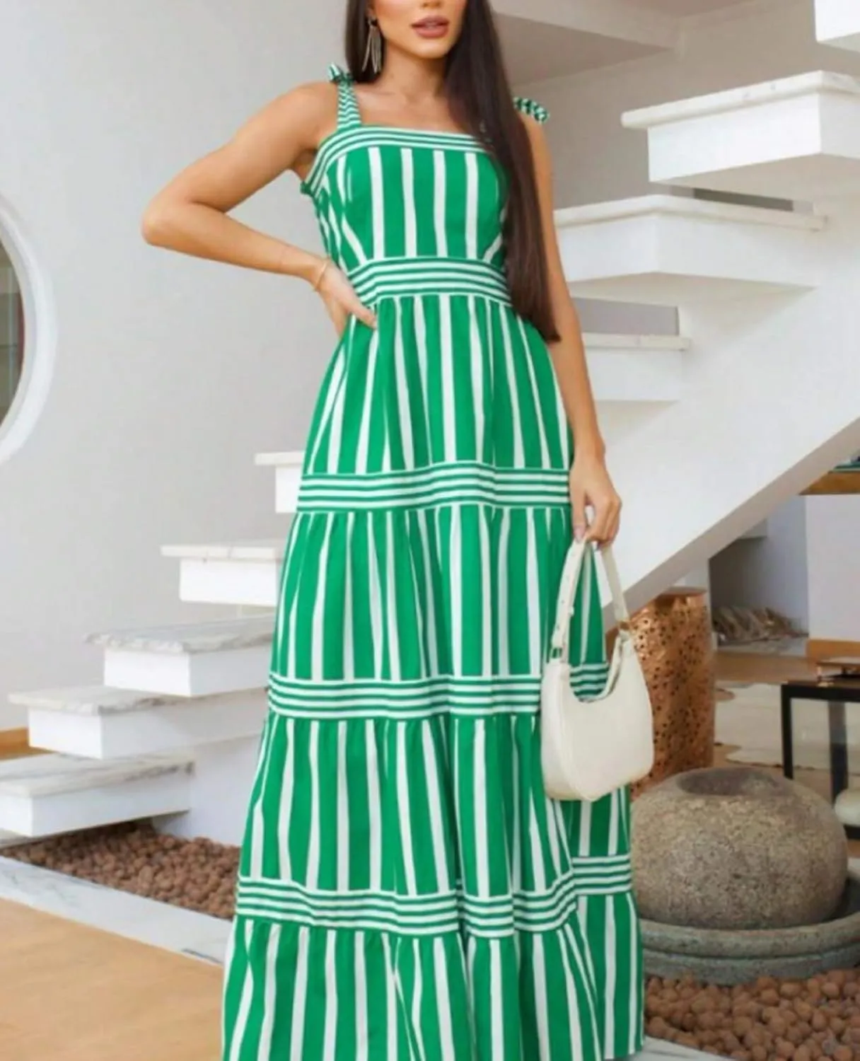 Women Striped Maxi Dress Tie Shoulder Strap Tiered Sundress Boho Flowy Sleeveless Long Dress Summer Beach Dress