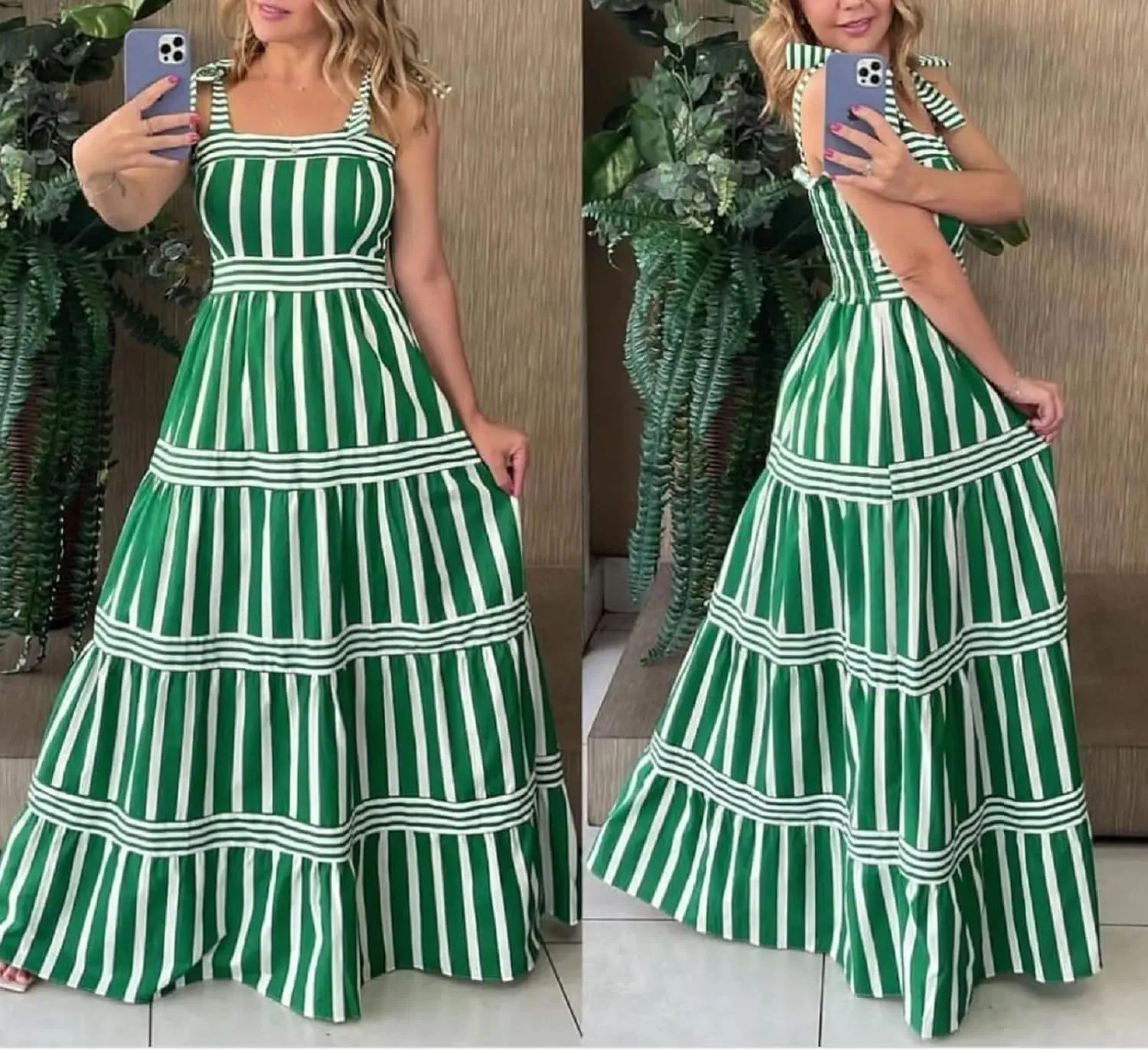 Women Striped Maxi Dress Tie Shoulder Strap Tiered Sundress Boho Flowy Sleeveless Long Dress Summer Beach Dress