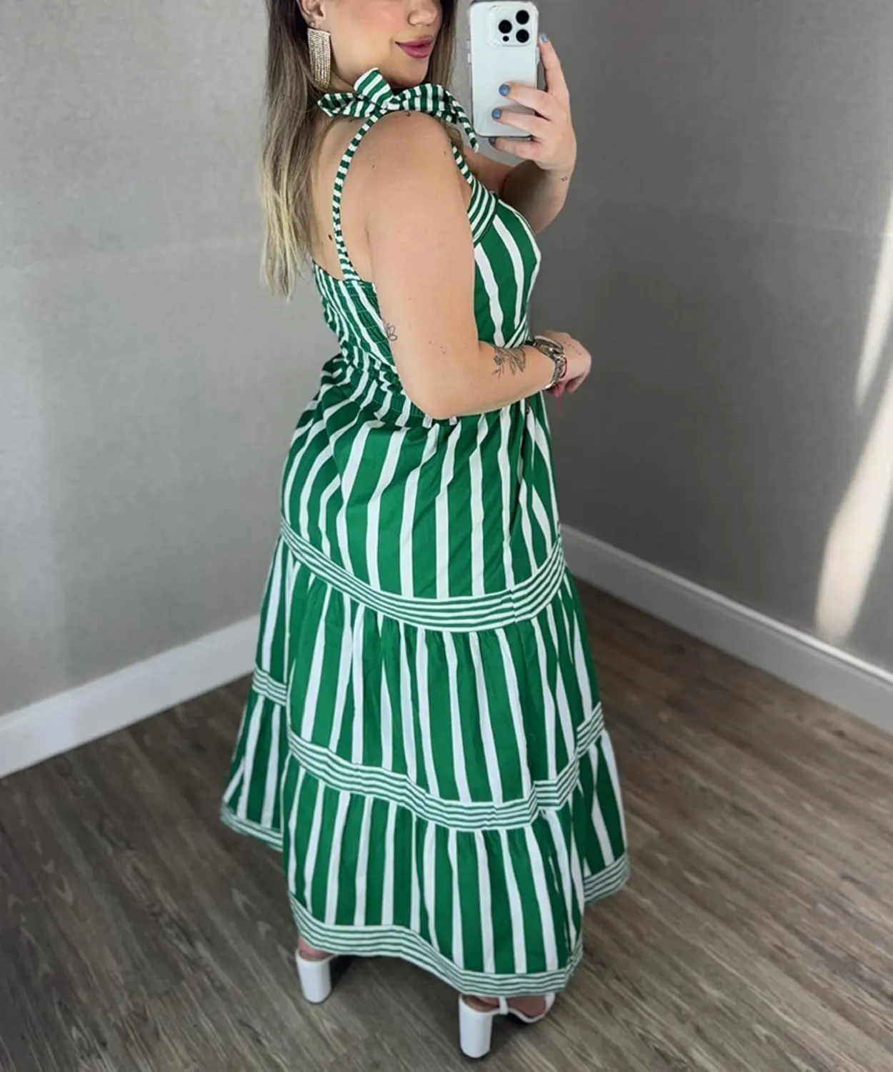 Women Striped Maxi Dress Tie Shoulder Strap Tiered Sundress Boho Flowy Sleeveless Long Dress Summer Beach Dress