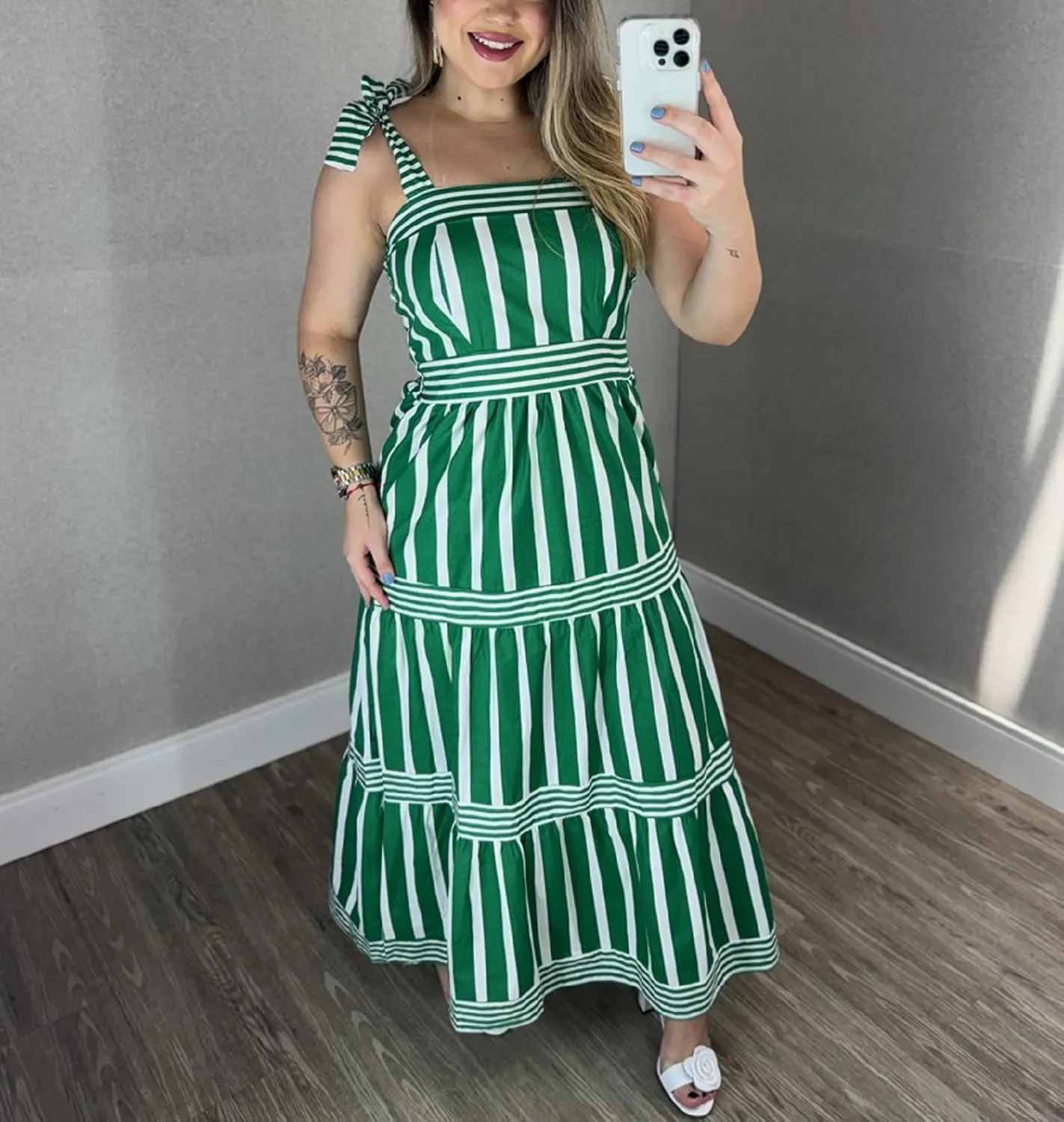 Women Striped Maxi Dress Tie Shoulder Strap Tiered Sundress Boho Flowy Sleeveless Long Dress Summer Beach Dress