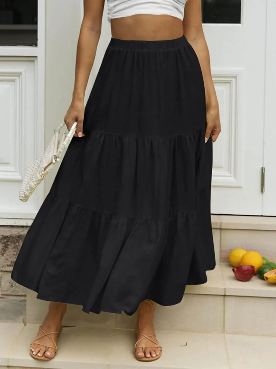 Women Summer Tiered Maxi Skirt Elastic High Waist A Line Boho Beach Dress Pleated Flowy Swing Long Skirts