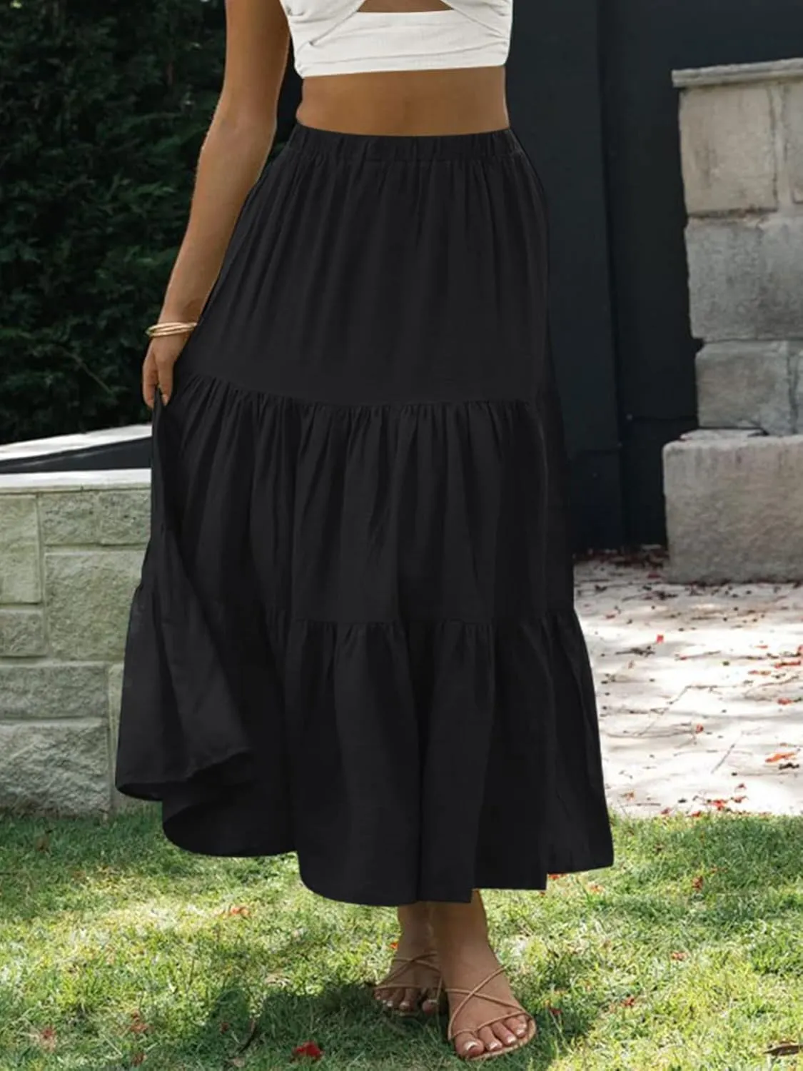 Women Summer Tiered Maxi Skirt Elastic High Waist A Line Boho Beach Dress Pleated Flowy Swing Long Skirts