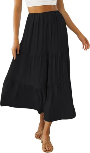 Women Summer Tiered Maxi Skirt Elastic High Waist A Line Boho Beach Dress Pleated Flowy Swing Long Skirts
