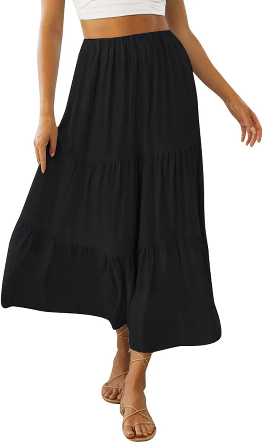 Women Summer Tiered Maxi Skirt Elastic High Waist A Line Boho Beach Dress Pleated Flowy Swing Long Skirts