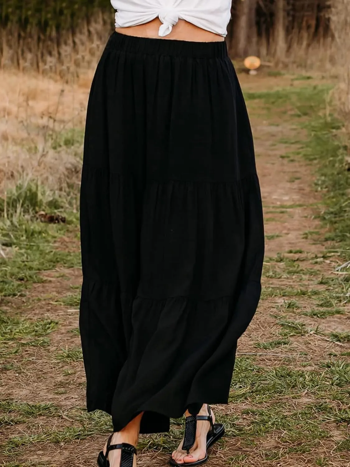 Women Summer Tiered Maxi Skirt Elastic High Waist A Line Boho Beach Dress Pleated Flowy Swing Long Skirts