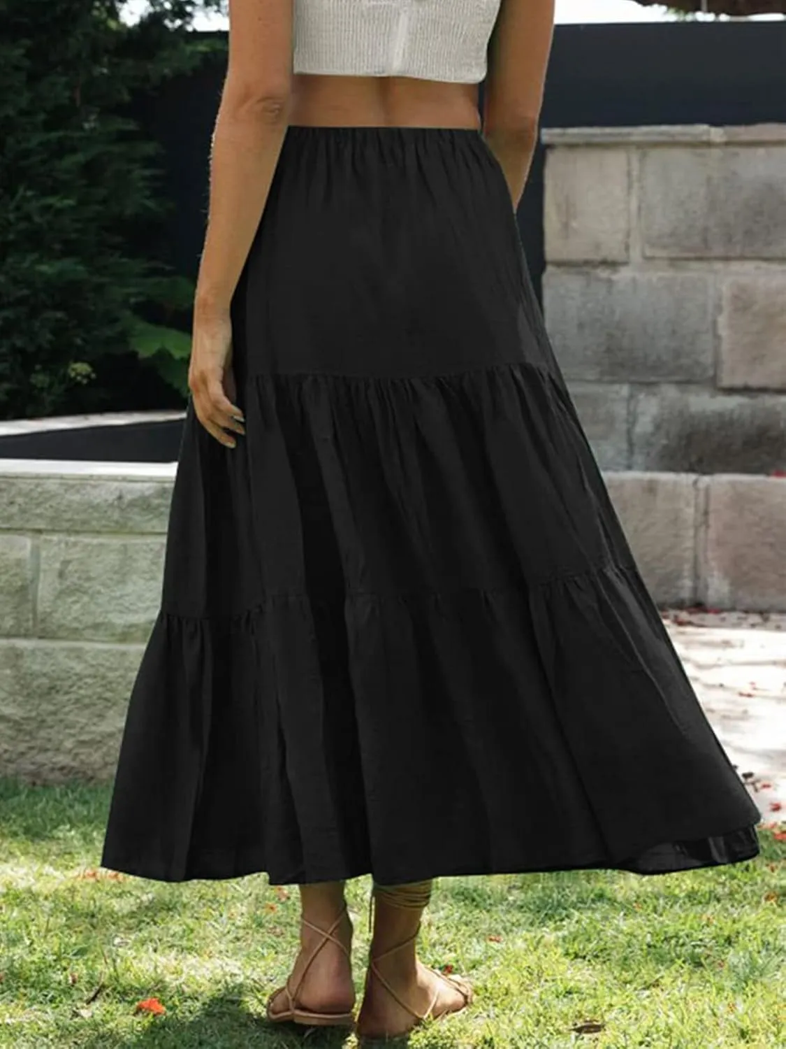 Women Summer Tiered Maxi Skirt Elastic High Waist A Line Boho Beach Dress Pleated Flowy Swing Long Skirts
