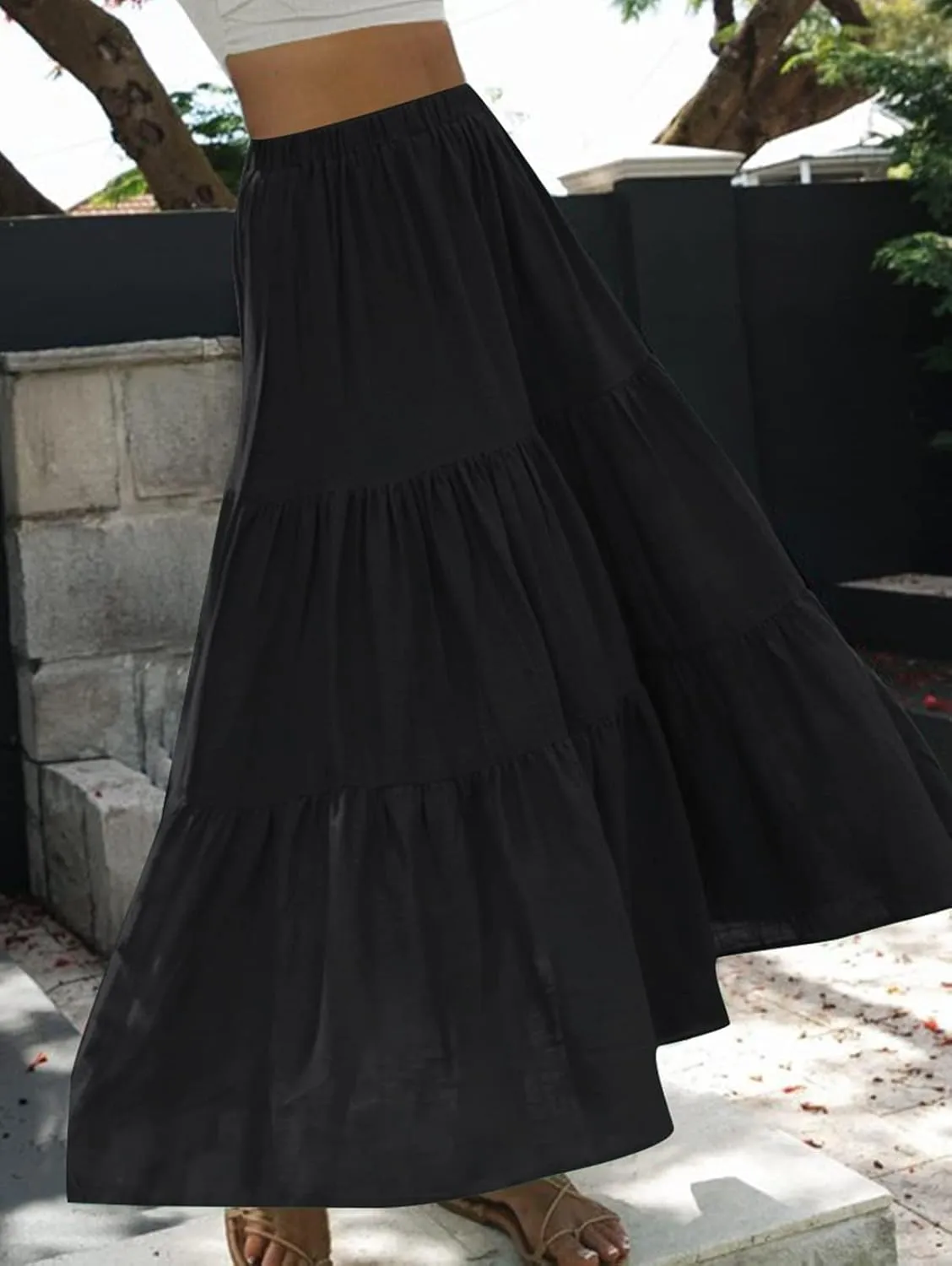 Women Summer Tiered Maxi Skirt Elastic High Waist A Line Boho Beach Dress Pleated Flowy Swing Long Skirts