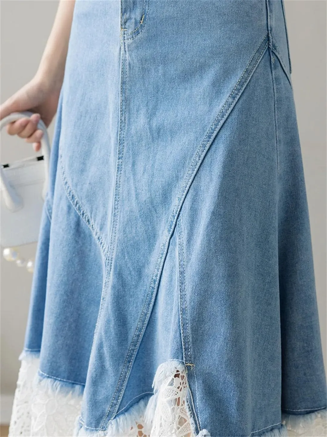 Women Vintage Patchwork Lace Hollow High Waist Zipper Elegant Denim Skirt