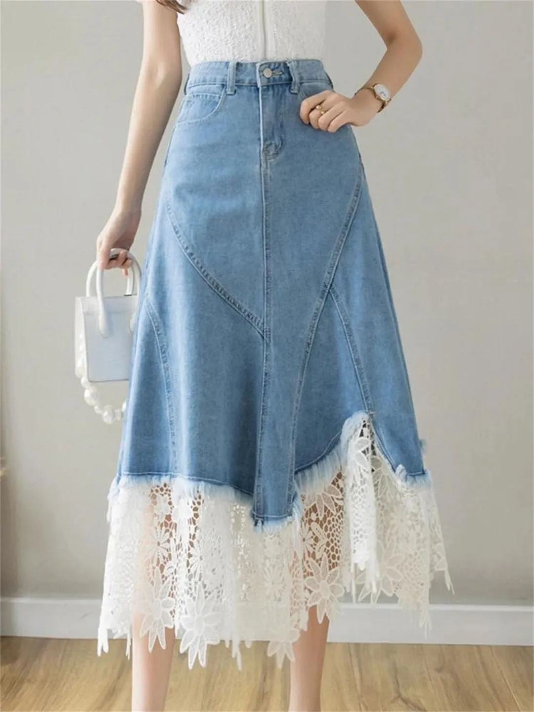 Women Vintage Patchwork Lace Hollow High Waist Zipper Elegant Denim Skirt