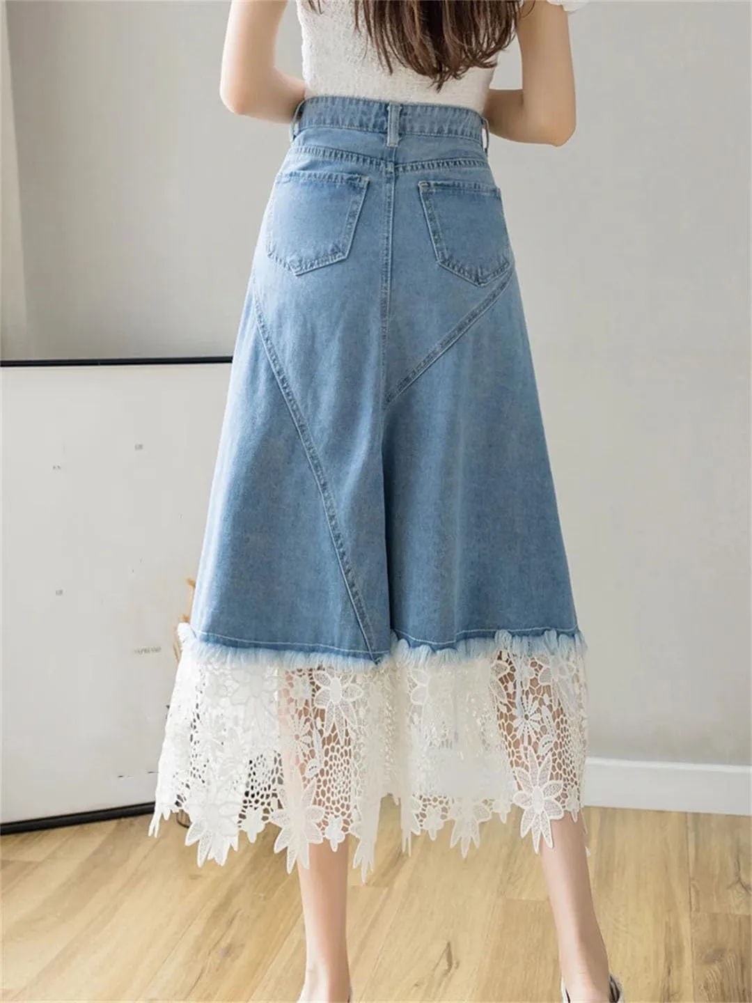 Women Vintage Patchwork Lace Hollow High Waist Zipper Elegant Denim Skirt