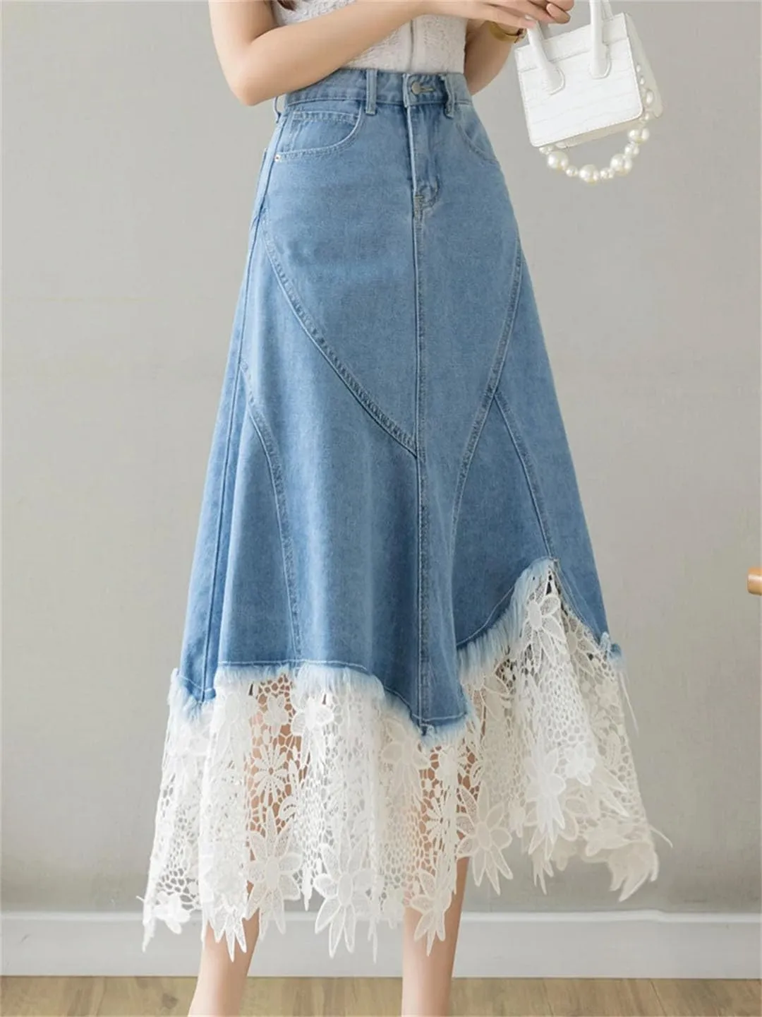 Women Vintage Patchwork Lace Hollow High Waist Zipper Elegant Denim Skirt