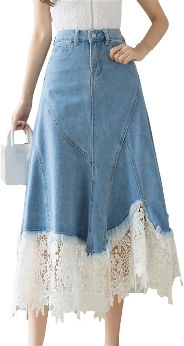 Women Vintage Patchwork Lace Hollow High Waist Zipper Elegant Denim Skirt
