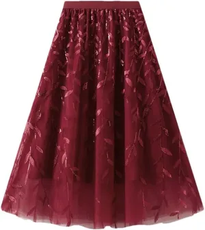 Women Winter Sequin Leaf Embroidery Mesh Long Skirts Elegant High Waist A-Line Tulle Midi Skirts