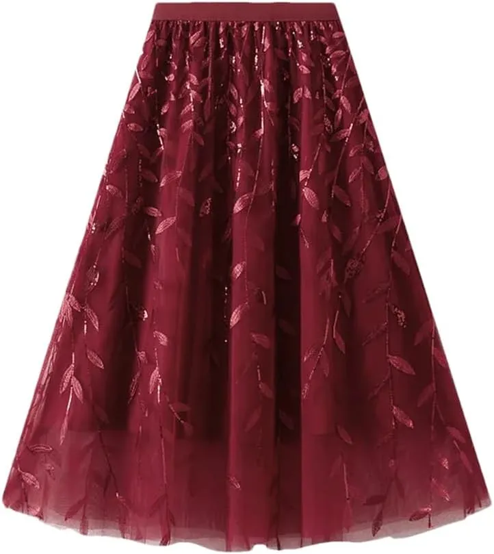 Women Winter Sequin Leaf Embroidery Mesh Long Skirts Elegant High Waist A-Line Tulle Midi Skirts