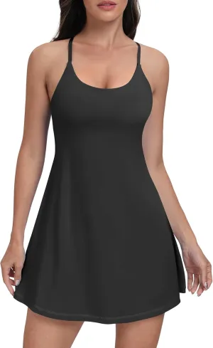 Women Workout Tennis Dress with Built-in Bra Shorts, Easy Peezy Cross Shoulder Straps and Pockets
