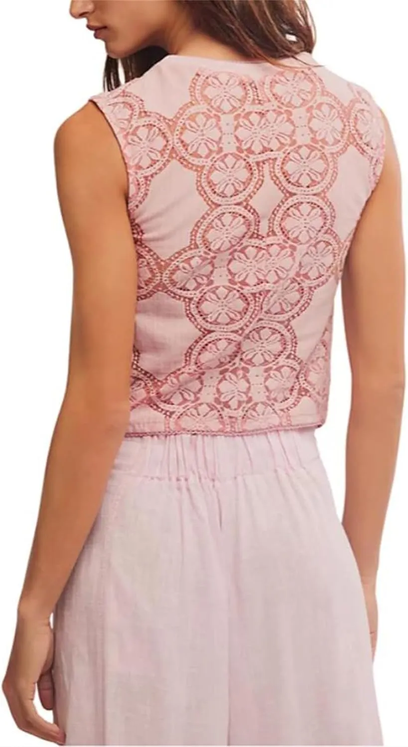 Women Y2k Button Tank Top Cute Floral Lace Hollow Out Sleeveless Going Out Crop Tops Boho Coquette Summer Streetwear