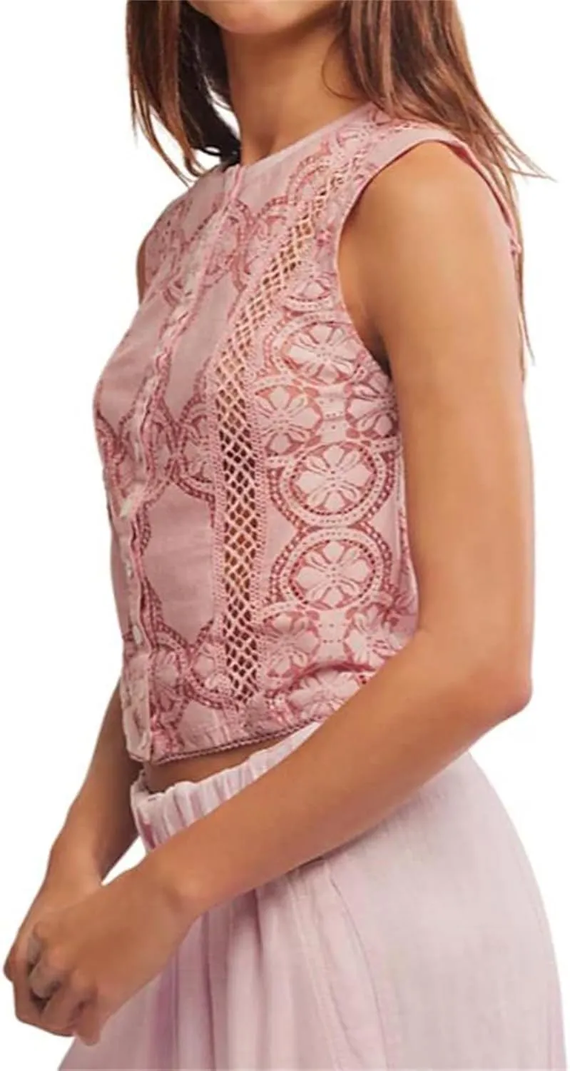 Women Y2k Button Tank Top Cute Floral Lace Hollow Out Sleeveless Going Out Crop Tops Boho Coquette Summer Streetwear