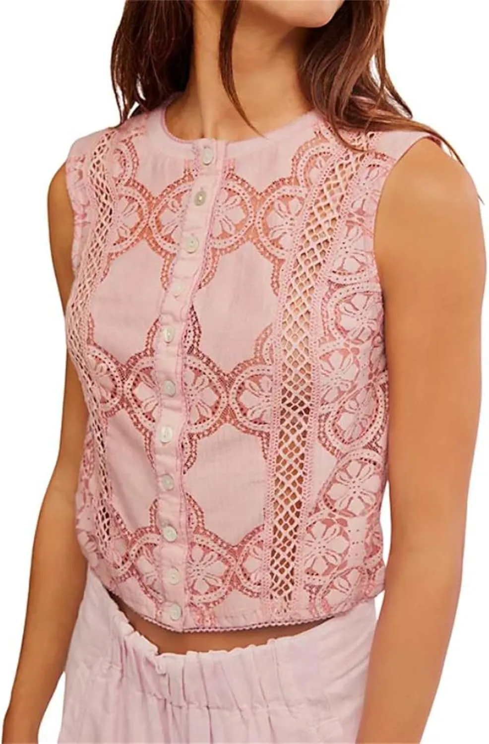 Women Y2k Button Tank Top Cute Floral Lace Hollow Out Sleeveless Going Out Crop Tops Boho Coquette Summer Streetwear