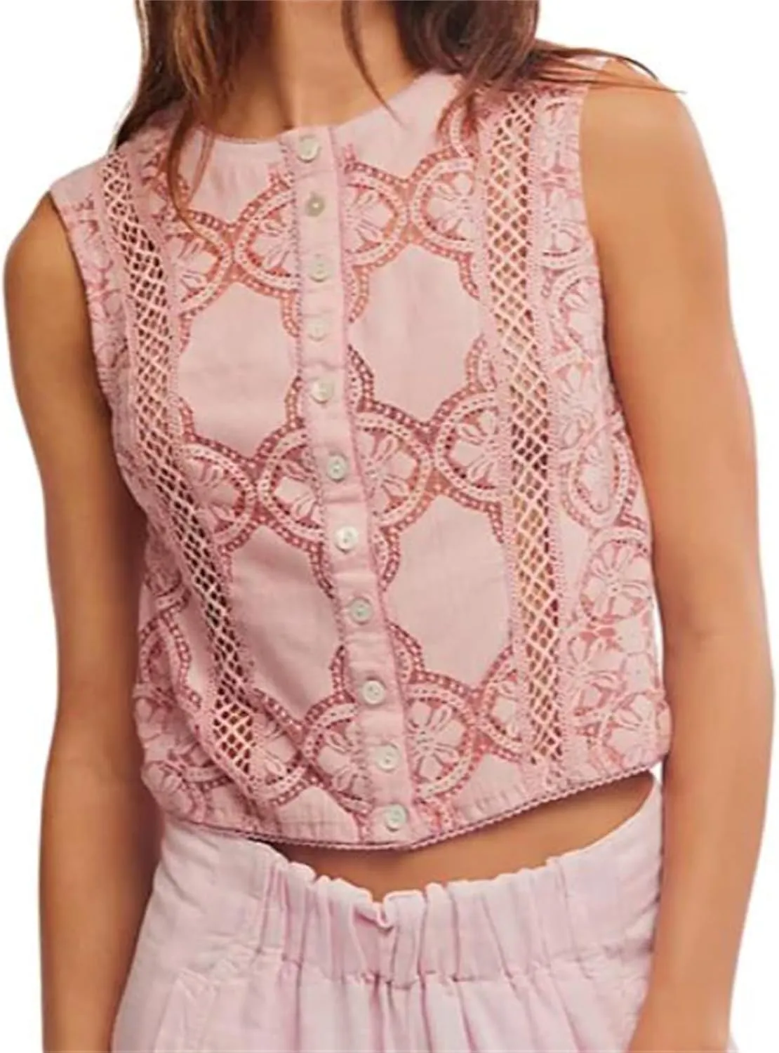 Women Y2k Button Tank Top Cute Floral Lace Hollow Out Sleeveless Going Out Crop Tops Boho Coquette Summer Streetwear