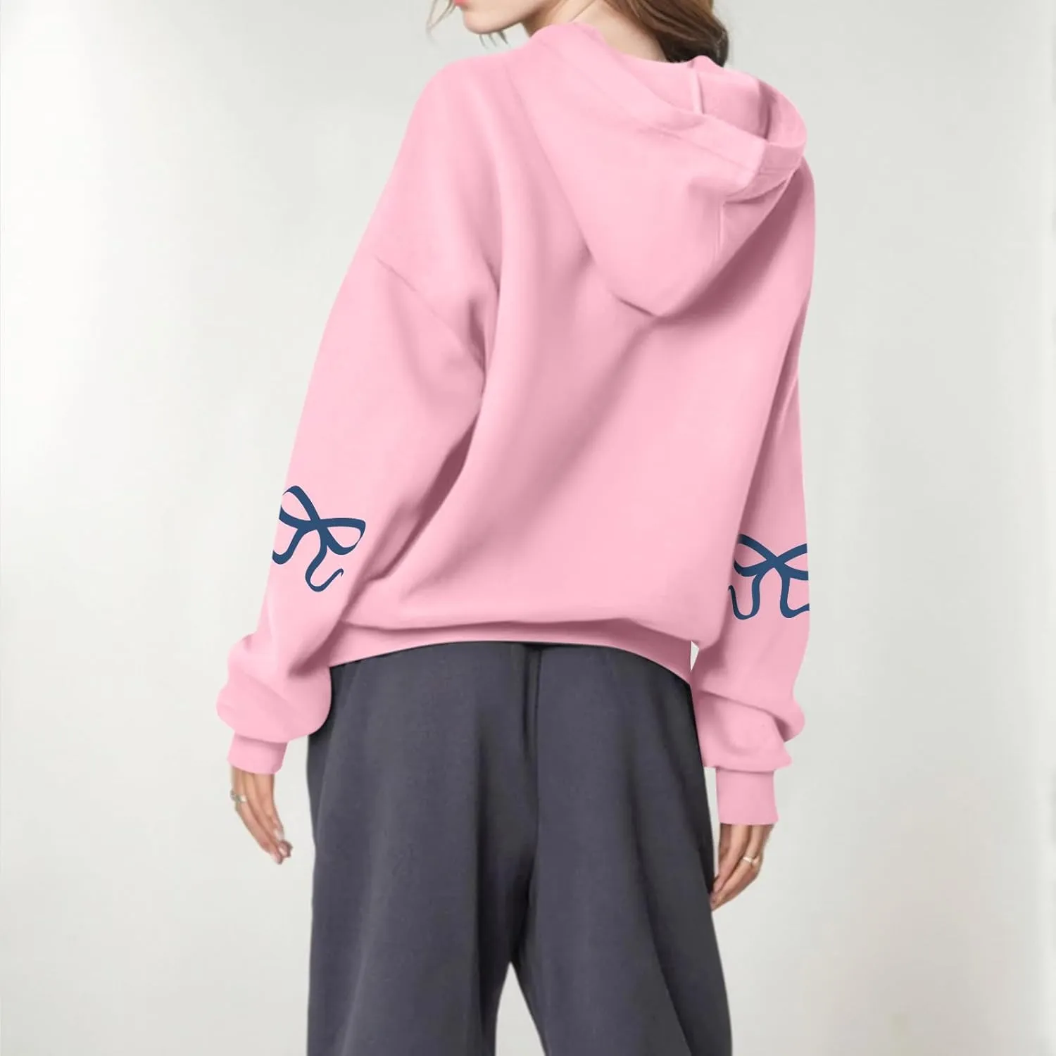 Women's Bow Trim Print Fleeced Hoodies Oversized Long Sleeve Hooded Sweatshirts Drop Shoulder Pullover Top