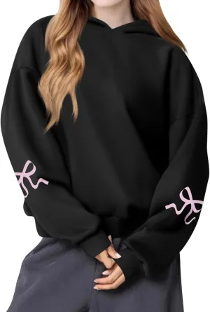 Women's Bow Trim Print Fleeced Hoodies Oversized Long Sleeve Hooded Sweatshirts Drop Shoulder Pullover Top
