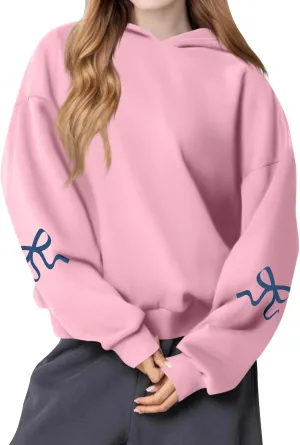 Women's Bow Trim Print Fleeced Hoodies Oversized Long Sleeve Hooded Sweatshirts Drop Shoulder Pullover Top