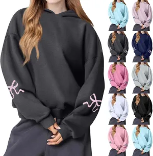 Women's Bow Trim Print Fleeced Hoodies Oversized Long Sleeve Hooded Sweatshirts Drop Shoulder Pullover Top